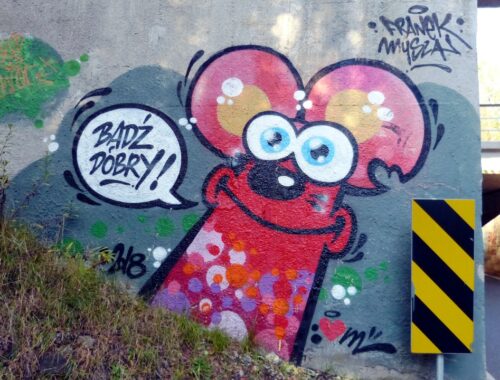 Graffiti: Myszka na wiadukcie kolejowym, Ruda Śląska, ul. Gościnna (2020-10-06)