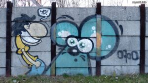 Graffiti: Myszka na betonowym murze, Katowice, ul. Goeppert-Mayer (2023-03-15)