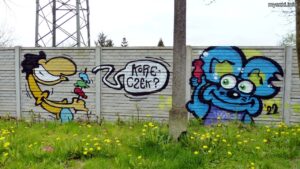 Graffiti: Myszka na murze, Katowice, ul. Brynowska (2023-04-29)