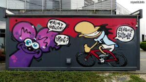 Graffiti: Myszka na kontenerze serwisu rowerowego, Mikołów, ul. Wieczorka (2023-10-06)